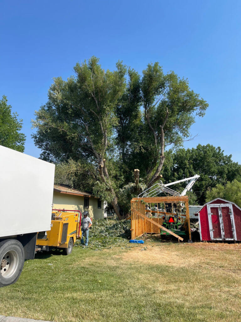 A construction crew working in a backyard